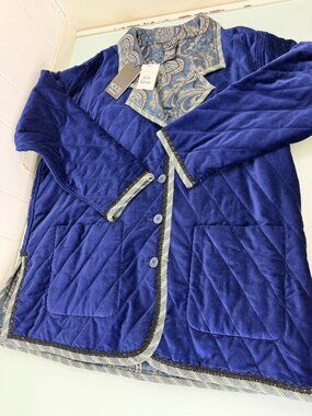 New Reversible Blue Velvet Quilted Paisley Jacket Women's Plus Size 1X NWT